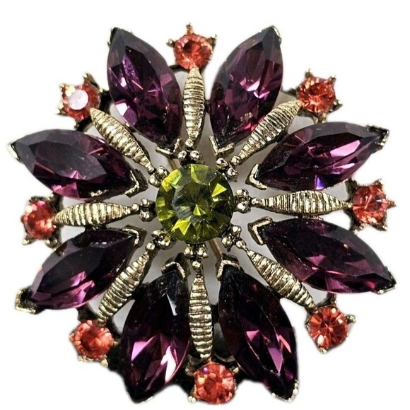 Graziano Jewelry - Vtg Graziano Brooch Flower Starburst Purple Red Green Faceted Rhinestones Foiled